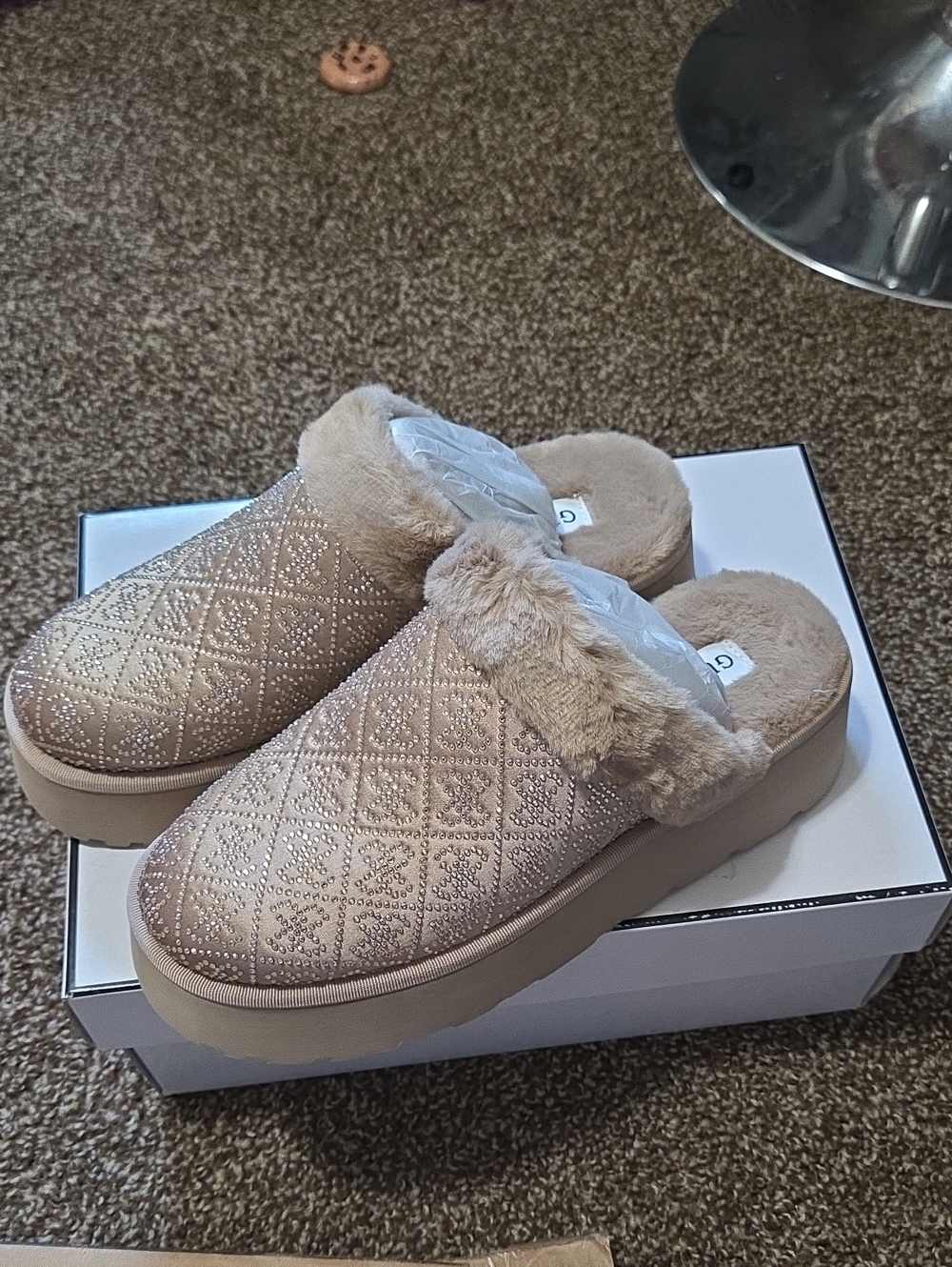 Guess Quilted Fur-Trim Slide Slippers - Taupe